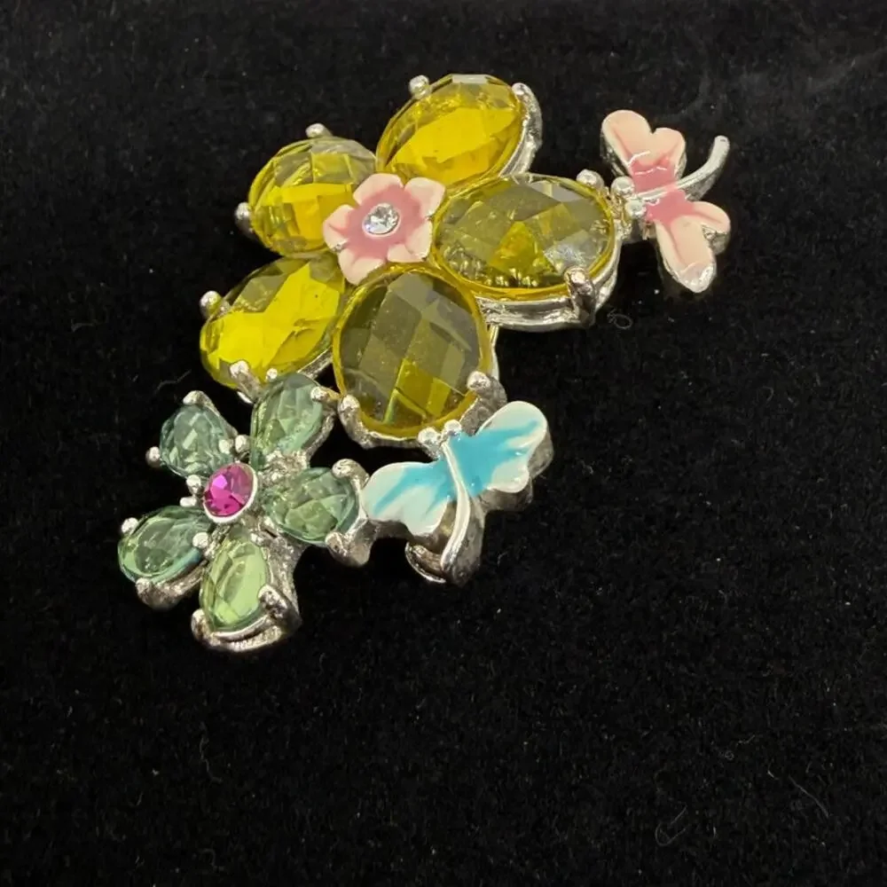 VINTAGE Butterfly Floral Brooch Pink Blue Enamel Green Yellow Crystal Flower Pin